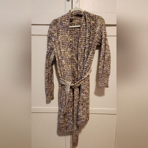 Long belted wool blend sweater